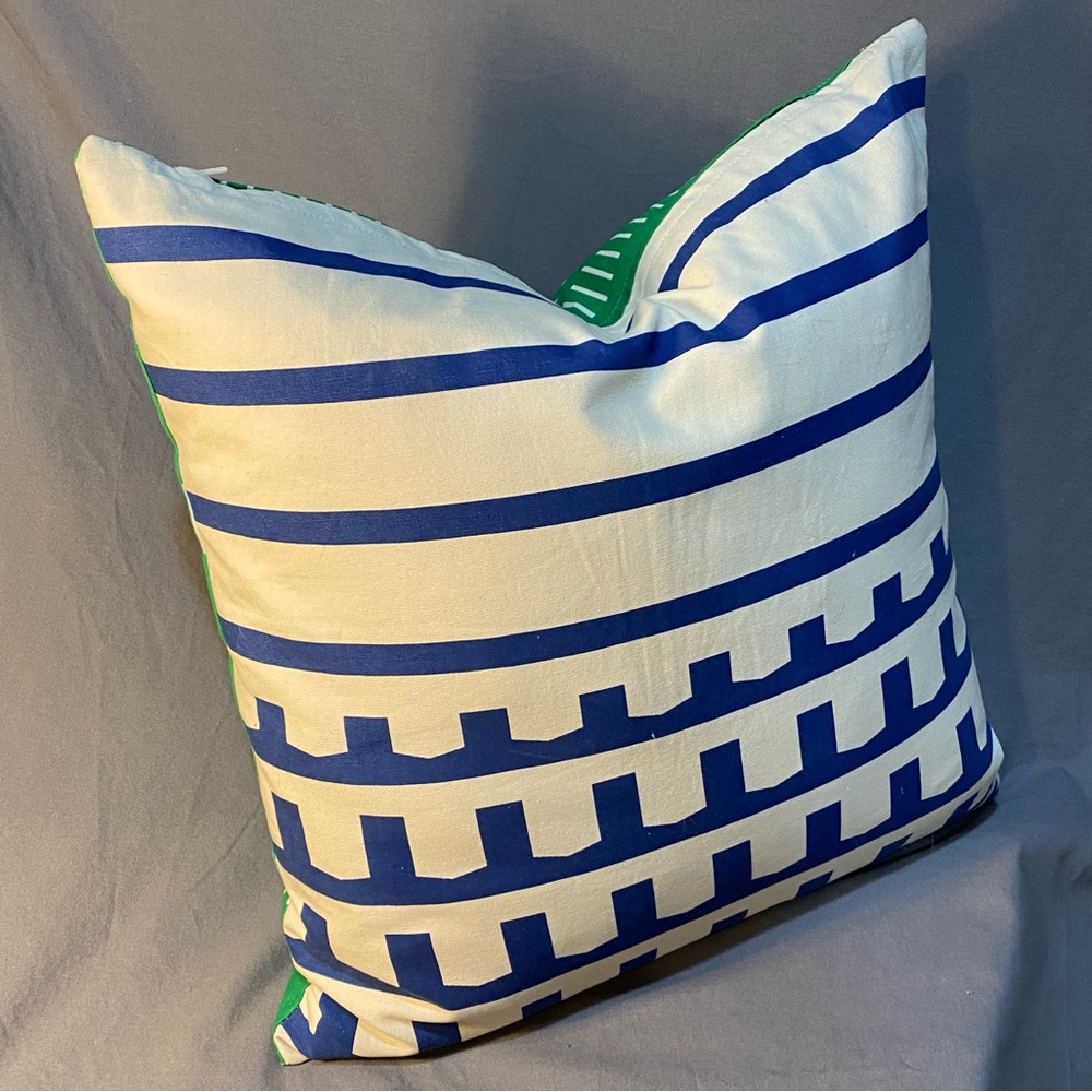 IKEA Green and Blue Striped Pillow Case Covering a Duck Feather Pillow